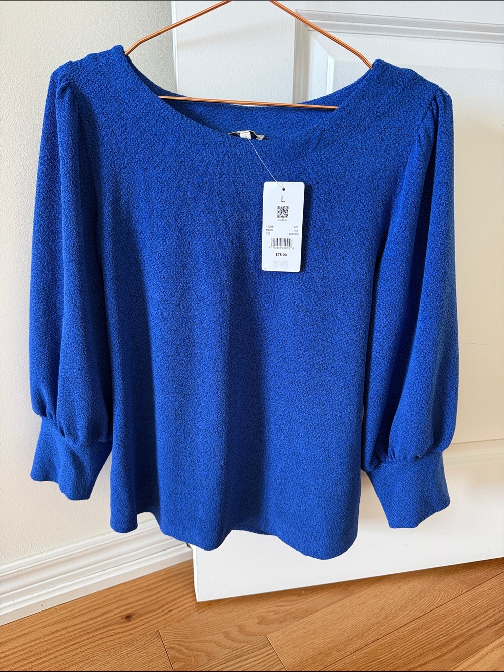 Women's Royal Blue Textured Blouse with Balloon Sleeves